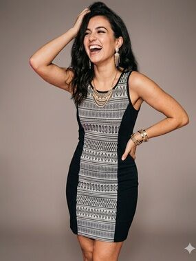 BCX Fitted Sleeveless Black Dress with Geometric Ivory Panel Short Mini
